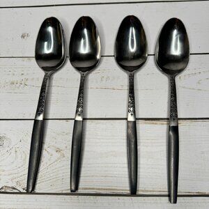 4‎ Interpur Stainless Black Handle TableSpoon Canoe Heart Scroll Pattern Japan
